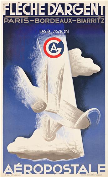 ADOLPHE MOURON CASSANDRE (1901-1968). FLÈCHE D'ARGENT / AÉROPOSTALE. 1929. 39¼x24¼ inches, 99½x61½ cm. Courbet, Paris.                           